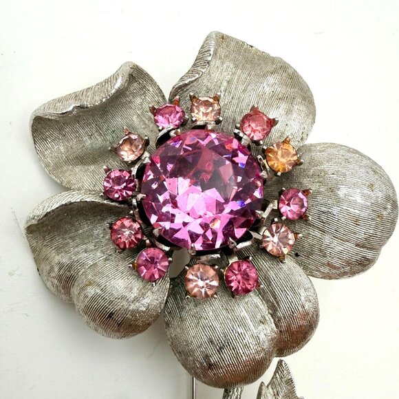 VTG Sarah Coventry Silver Tone Pink Rhinestone Flower Brooch – Large Statement F - Picture 2 of 7